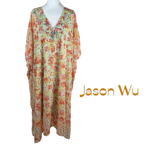Jason Wu Sheer Floral Coastal Vacation Midi Kaftan Midi Dress NWOT Size L - Picture 2 of 13